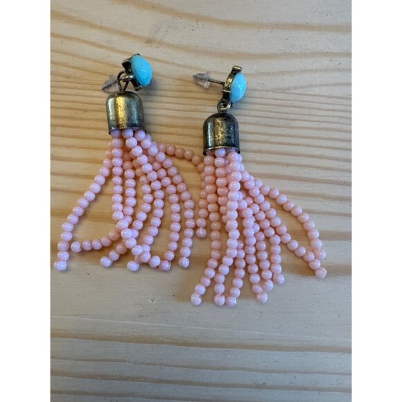 Beaded Tassel Pierced Postback Dangle Beaded Drop Earrings Pink Turquoise Retro - Picture 1 of 4